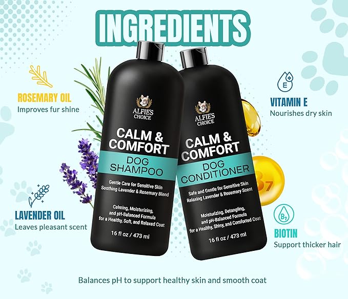 ALFIE'S CHOICE Calm & Comfort Dog Shampoo & Conditioner Set | 16 fl oz Each | Lavender & Rosemary with Vitamin E | Soothing, Moisturizing for Calming All Breeds
