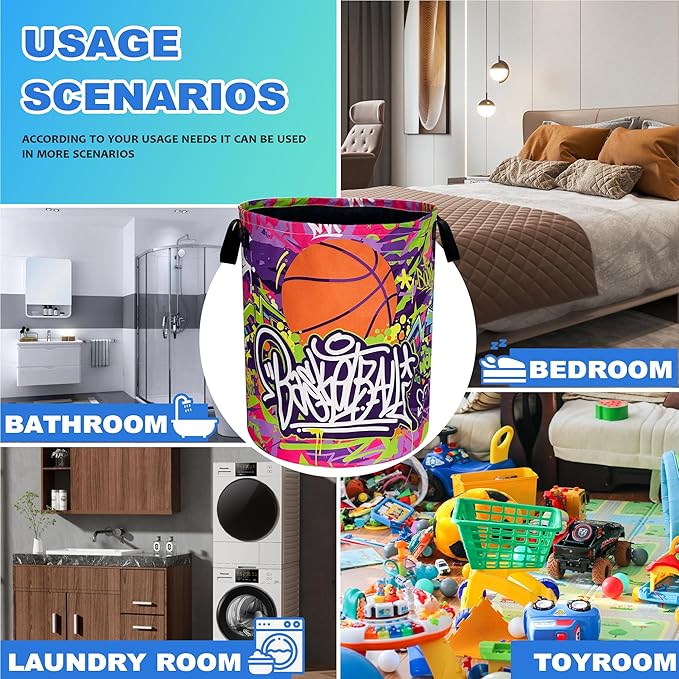 Basketball Laundry Basket Oxford Cloth Funny Sports Laundry Hamper With Handle Foldable Portable Clothes Storage Basket 18.9 X 16.5 In Storage Bag For Laundry Room/Bathroom/Bedroom/Dormitories