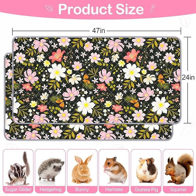 Bienbee Guinea Pig Bedding, 2 Pack 47" x 24" Reusable Guinea Pig Cage Liner Waterproof and Absorbent Small Animal Bedding Washable Pee Pads for Small Pet Hamster Rabbit Squirrel Pink and White Flowers
