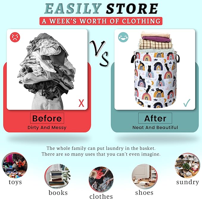 Boho Rainbow Cute Cats Laundry Basket Foldable With Handles Tote Bag Oxford Cloth Funny Cat Laundry Hamper Clothes Storage Bucket Toy Organizer 18.9" x 16.5" For Bathroom/Laundry/Bedroom