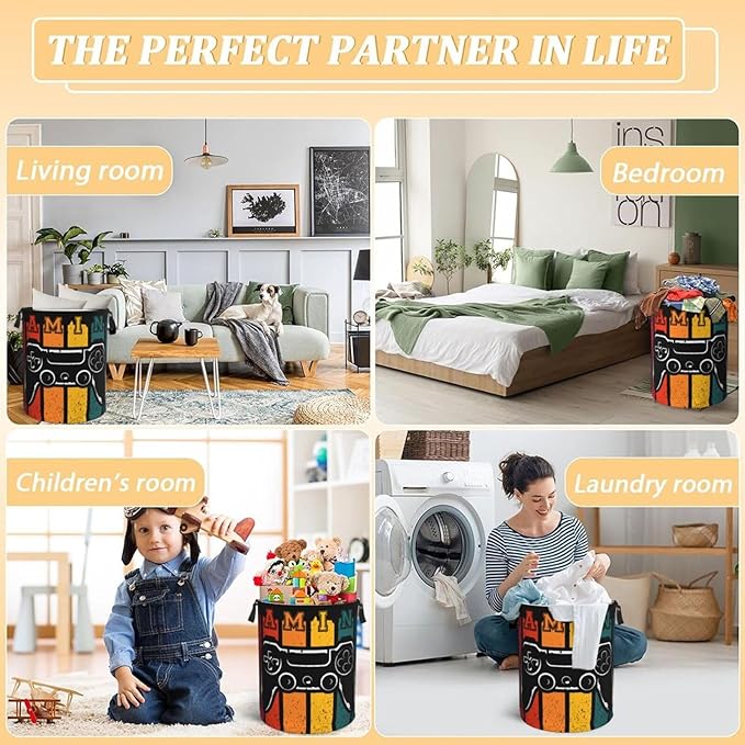 Gaming Laundry Hamper Bag With Waterproof Liner - Game Joystick Retro Style Round Laundry Basket Foldable Clothes Storage Organizer For Bathroom Bedroom Nursery Dorm, S-16.5"X 13.8"