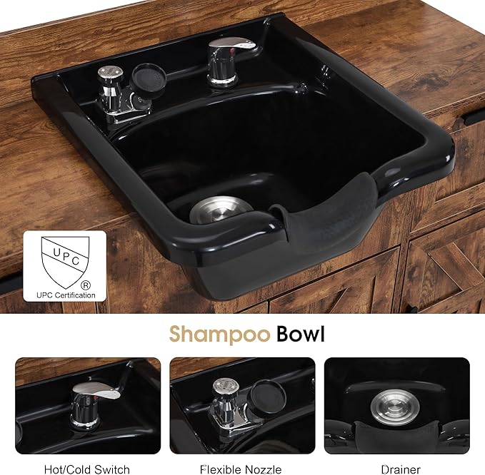 BarberPub Portable Shampoo Station, Shampoo Bowl with Cabinet & Drawer, Salon Geometric Finish Station with Sprayer Faucet, Barber Storage Equipment with Hair Wash Backwash Sink 3439 (Rustic Brown)