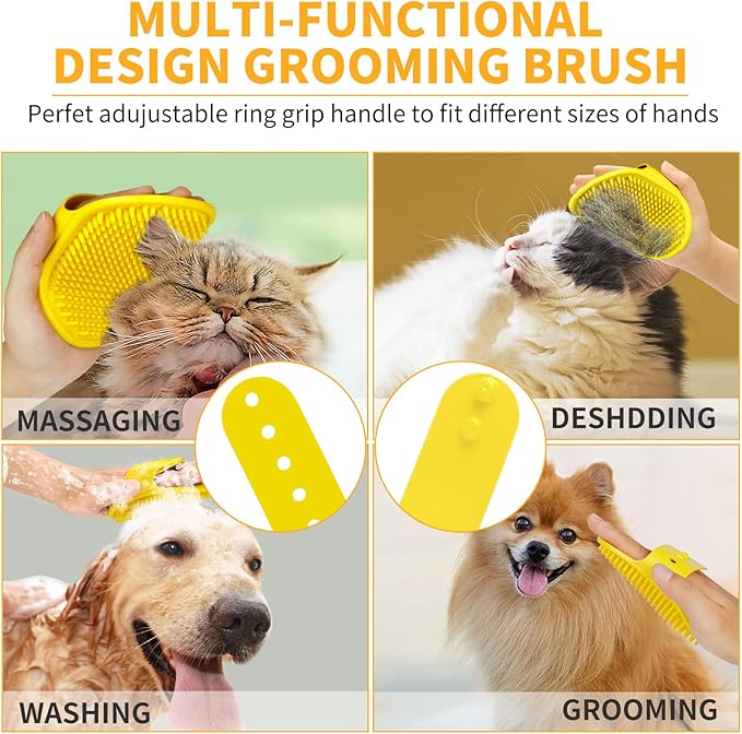 Comotech 6PCS Dog Bath Brush & Dog Toothbrush | Adjustable Handle Shampoo Brush & Scrubber for Short & Long Haired Dogs & Cats | Effectively Solve Odor & Stain Removal Problems (Orange Yellow Yellow)