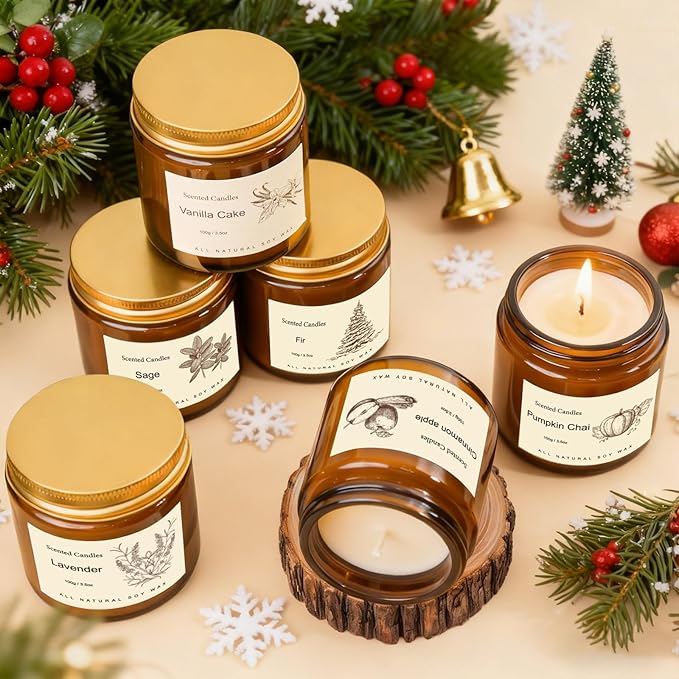 Long Lasting Soy Candles for Home, 6 Pack Holiday Scented Candle Gift Set with Cinnamon Apple, Pumpkin Chai & Vanilla, Natural Aromatherapy Candles, Christmas Gifts for Women