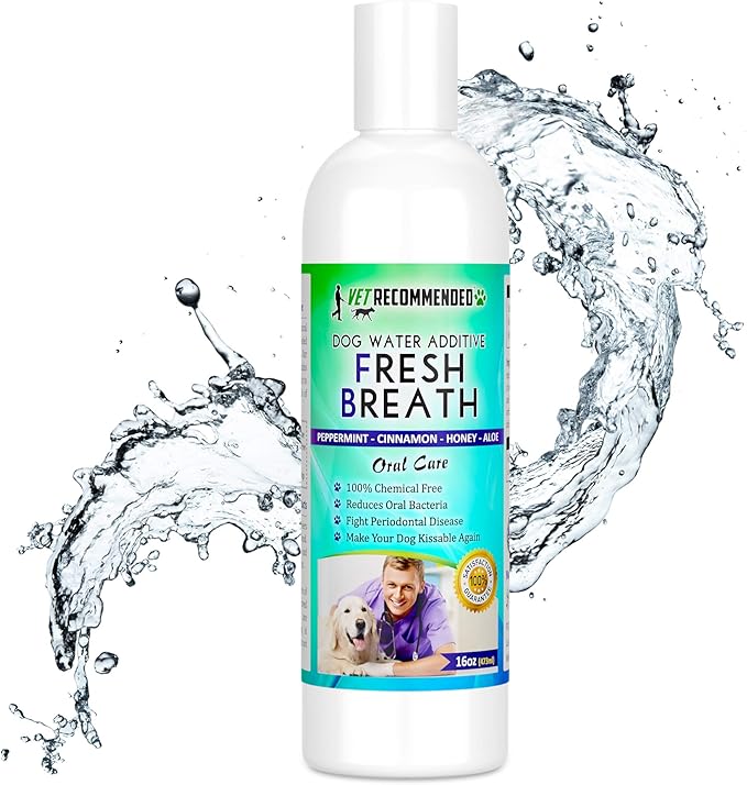 Vet Recommended Dog Breath Freshener Water Additive for Pet Dental Care - All Natural - Works to Solve The Cause of Bad Dog Breath. Add to Pet's Drinking Water - Made in USA (16oz/473ml)