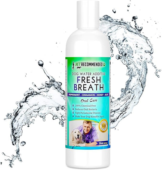 Vet Recommended Dog Breath Freshener Water Additive for Pet Dental Care - All Natural - Works to Solve The Cause of Bad Dog Breath. Add to Pet's Drinking Water - Made in USA (16oz/473ml)