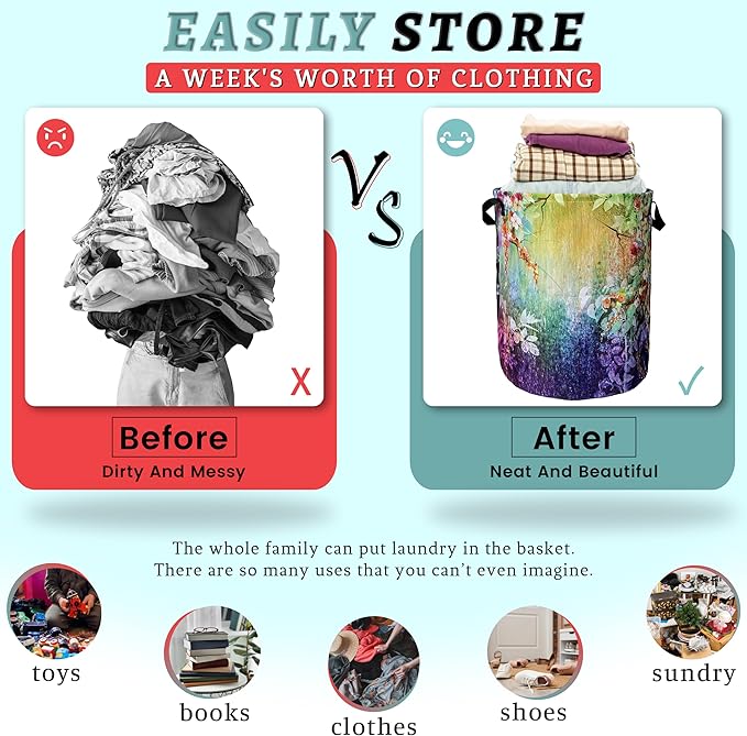 Abstract Watercolor Flowers Laundry Basket Foldable With Handles Tote Bag Oxford Cloth Colorful Laundry Hamper Clothes Storage Bucket Toy Organizer 18.9"x16.5"For Bathroom/Laundry/Bedroom