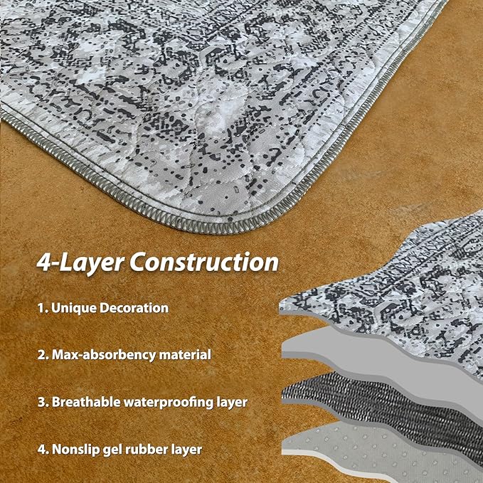 nunubaby 4PACK Washable Pee Pads for Dogs, Stylish, Non-Slip and Leak-Proof Pee Pads. Reusable Potty Pads for Dogs for Crates and Floors.(Gray/Geo, 24" x48")