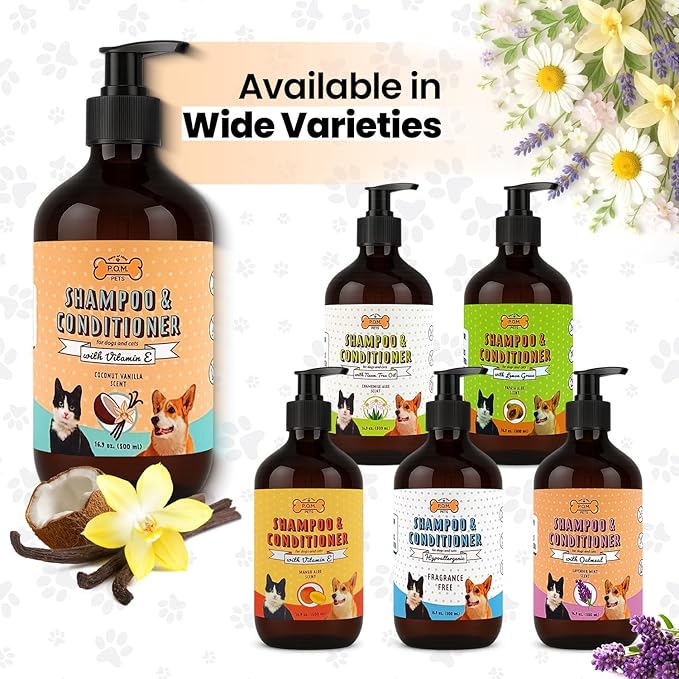 POM Pets 2-in-1 Organic Dog Shampoo & Conditioner – Itchy Skin Relief, Dog Deshedding, Detangles Fur, Cat Shampoo, Paw Cleaner for Dogs, Natural Coat Defense Formula