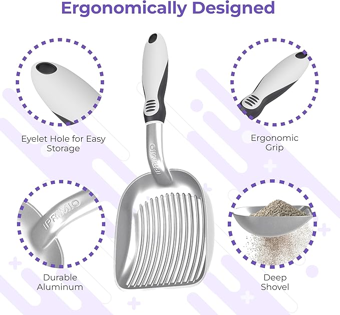 iPrimio Cat Litter Scooper Deep Shovel with Holder - (Silver XL) - Non-Stick Pooper Scooper Shovel Kitty Litter Sifter - Patented Solid Aluminum Poop Scoopers with Long Handle, Easy Grip, Pet Supplies