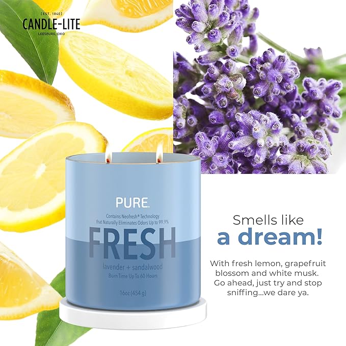 Candle-Lite Pure Lavender & Sandalwood Odor Eliminating Scented Candles, Neofresh Technology Eliminates 99.9% of Odors, 16 oz 2-Wick Jar, Proudly Poured in The USA, Up to 60 Hours Burn Time
