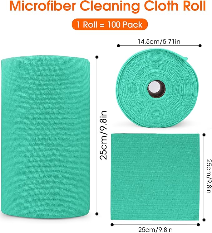 Roll of Microfiber Cleaning Cloth –100 Pack, Tear Away Microfiber Towels, Reusable, Washable, Scratch-Free, Cleaning Supplies,Kitchen Towels for Car, Home, Kitchen (Malachite Green)