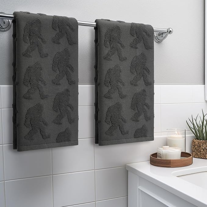 2 Pcs Bigfoot Sasquatch Hand Towels for Bathroom, Carbon Gray 100% Cotton Absorbent Jacquard Weave Decorative Towels for Bathroom Kitchen Decor Gift, 13.7 x 29.5 Inch