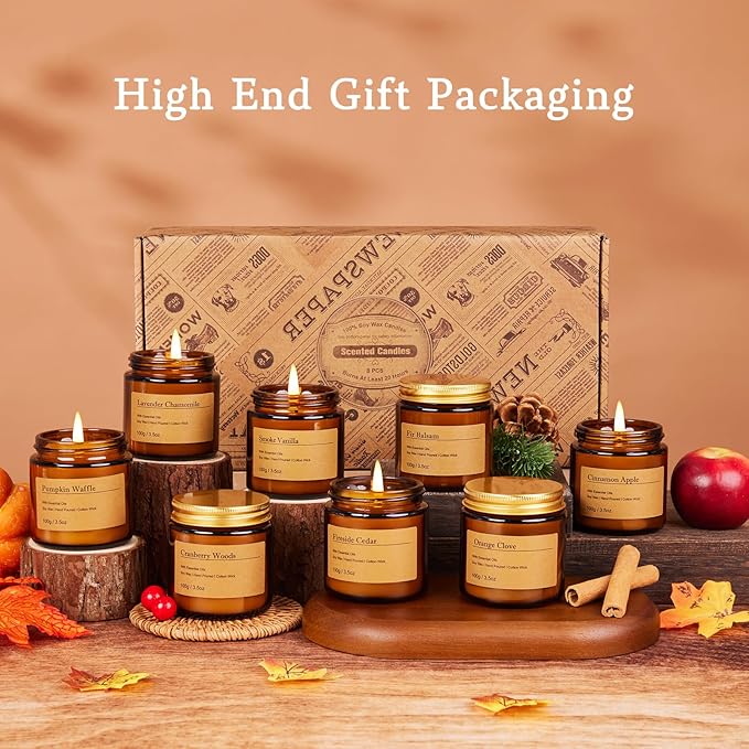 Holiday Candle Gift Set – 8 Pack Vintage Amber Glass Jar Candles,Winter Scents for Home,Christmas Gift for Women, Aromatherapy Soy Wax Candles,Cozy Home Décor,Premium Box