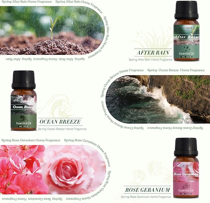 SALUBRITO Spring Fragrance Oils Set, Premium Essential Oils for Diffuser, Candle, Soap Making, After Rain, Gardenia, Fresh Cut Grass, Ocean Breeze, Freesia, Rose Geranium, Strong Scented Oils