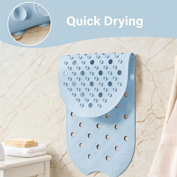 Rubber Bathtub Mat Shower Mat Non-Slip, 31x14 Inch, Bath Tub Floor Mat with Suction Cups and Drainage Holes, Light Blue
