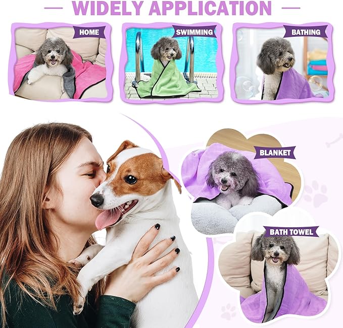 MICOOYO 3PCS Dog Towels for Drying, Super Absorbent Pet Grooming Towels, Quick Drying Dog Bath Towels for Puppy Cats (Violet, Pink, Green, S)
