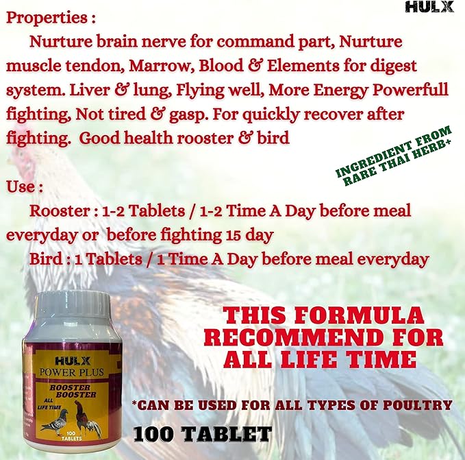 HULX Power Plus 100 Tablets, Fast Increasing Energy Formula Rooster Booster Vitamins Health Chicken Supplement for Good Health, Build Muscle, Blood, Power Feed Poultry Bird Hen Food