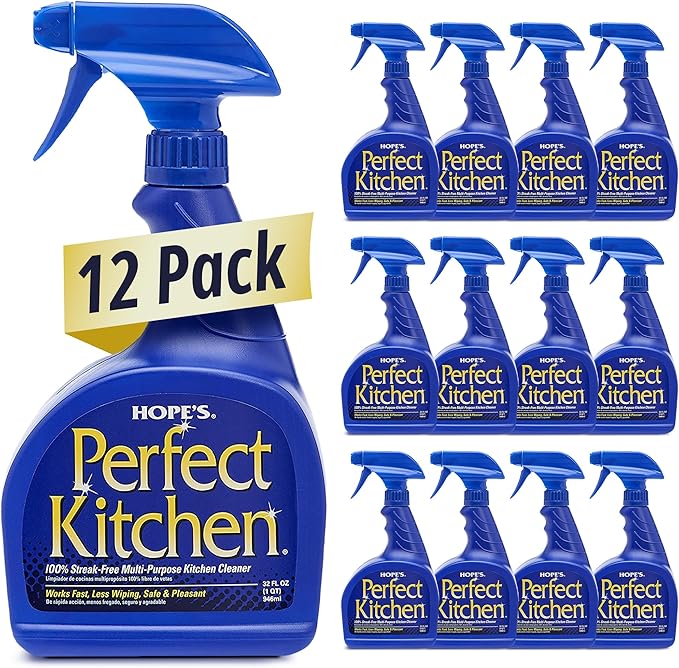 HOPE'S Perfect Kitchen Cleaner Spray - 32 Oz No-Residue All Purpose Cleaning Spray - Multisurface Degreaser for Counters, Stoves, Microwaves, and More - Pet and Home Safe - Pack of 12