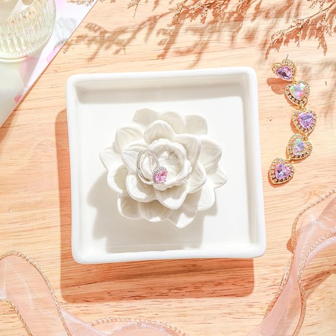 PUDDING CABIN White Lotus Ring Holder Dish, Jewelry Holder for Rings Earrings Necklace Bracelets Organizer, Birthday Wedding Christmas White Valentine's Day Gifts for Women Her