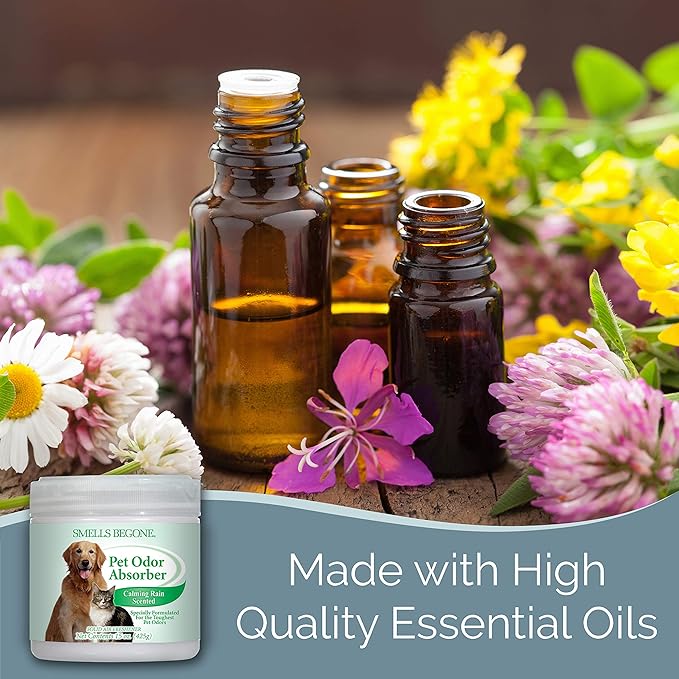 SMELLS BEGONE Pet Odor Absorber Gel - Air Freshener - Absorbs Odor from Bathrooms, Cars, Pet Areas, Boats & RVs - Made with Essential Oils - Calming Rain Scent - 15 Ounce