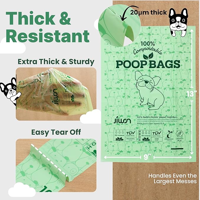 JIWON Dog Poop Bag Dispenser with 100% Compostable Refill Roll, Thick & Leakproof, Plant-Based, Fits Any Leash, 1 Dispenser and 15 Bags (1 Roll), Unscented