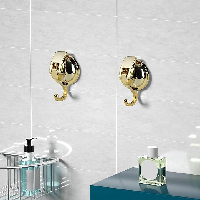 Heavy Duty Vacuum Suction Cup Hooks, Gold Plated Polished Super Suction for Kitchen Bathroom, 2 Pack