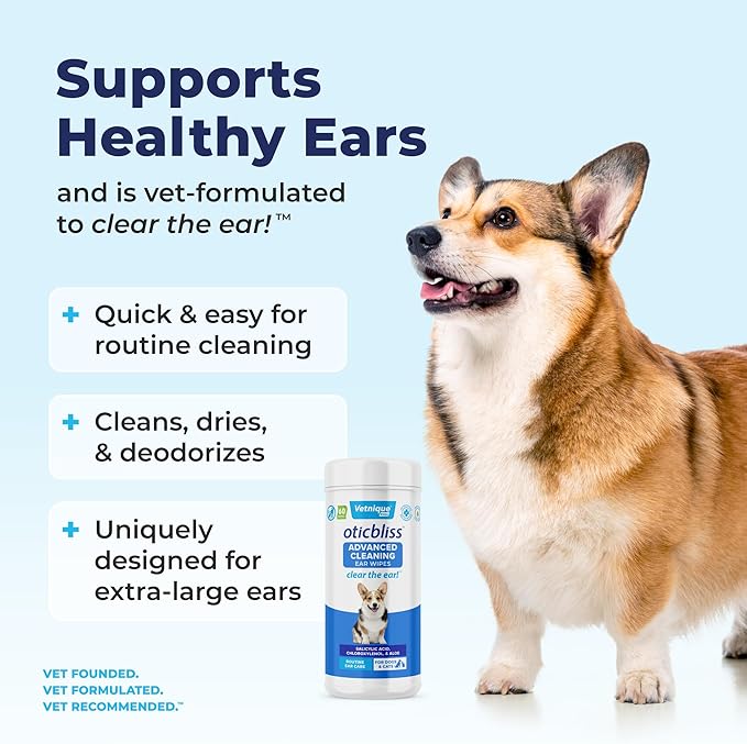 Vetnique Oticbliss Cat & Dog Ear Wipes - Dog Ear Infection Treatment or Dog Ear Cleaner Wipes for Dirty, Waxy, Smelly Dog Ears, Odor Control with Aloe Vera & Salicylic Acid (X-Lg Ear Cleaning Wipes)