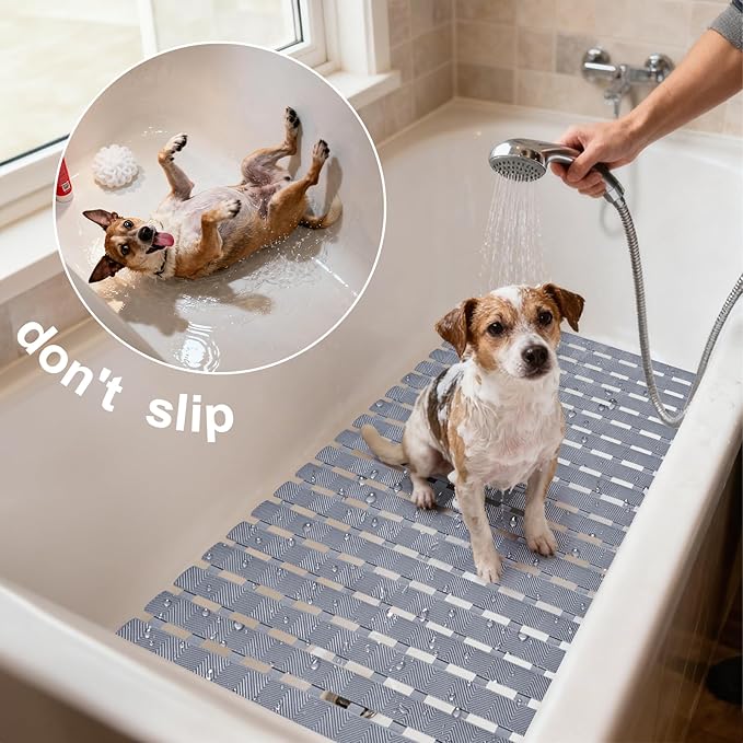 Bath Tub Shower Mat, Pet Dog Bathing Non-Slip Mat, Dog Bath mat for tub, 27.5x15.7 Inch Quick Drain Bathtub Mat with Suction Cups & Drain Holes for Bathroom (Khaki)