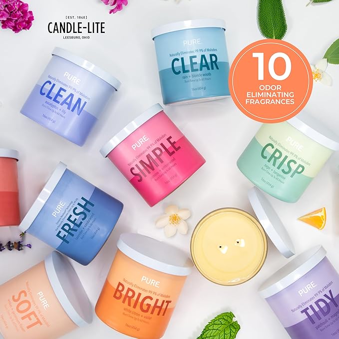 Candle-Lite Pure White Citron & Violet Odor Eliminating Scented Candles, Neofresh Technology Eliminates 99.9% of Odors, 16 oz 2-Wick Jar, Proudly Poured in The USA, Up to 60 Hours Burn Time