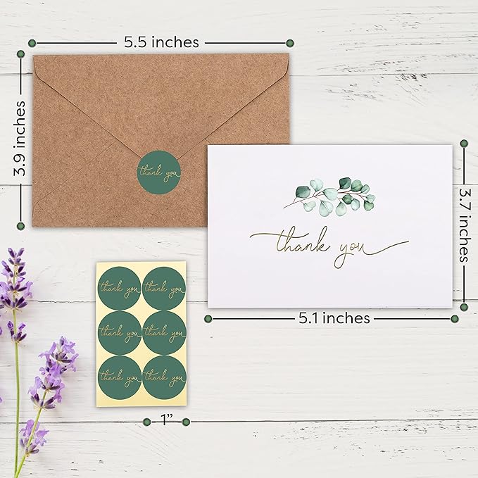 100 Heavyweight Blank Thank You Cards with Envelopes for a Personal Touch, Eucalyptus Thank You Card for Any Occasion, Wedding, Bulk Pack Card with Envelopes & Stickers (3.7 x 5.1 Inches) (100 Pack)
