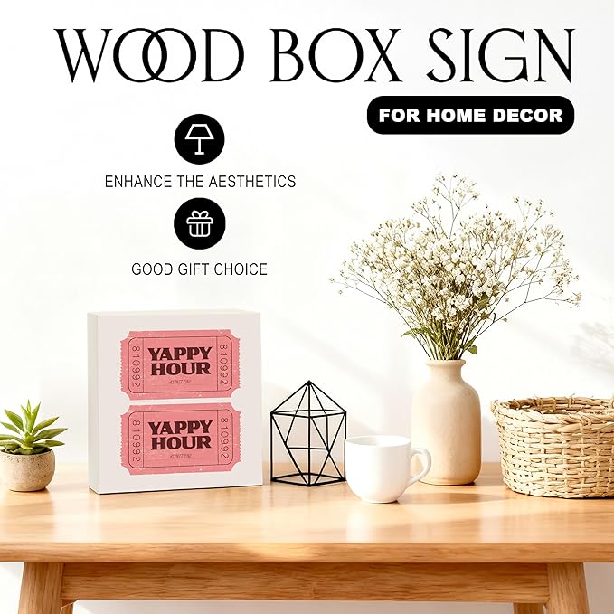 Yappy Hour Dog Party Bar Wooden Box Sign, Dog Lover Gifts, Retro Pink Ticket Pet Wood Signs for Bar Pub Cafe Restaurant Party Desk Table Shelf Decorations, 5x5 Inch