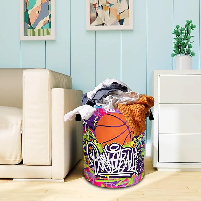 Basketball Laundry Basket Oxford Cloth Funny Sports Laundry Hamper With Handle Foldable Portable Clothes Storage Basket 18.9 X 16.5 In Storage Bag For Laundry Room/Bathroom/Bedroom/Dormitories