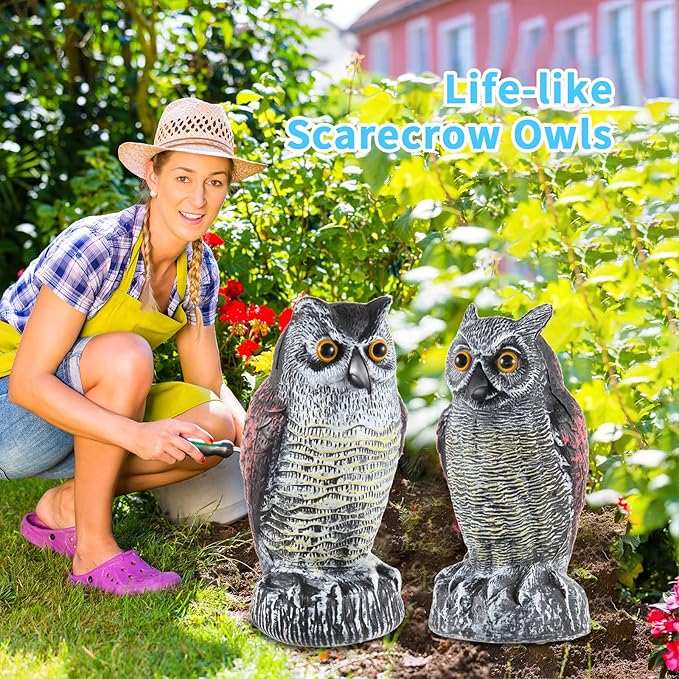 Hedoc 2 Pack Fake Owl Decoys to Scare Birds Away, Great Horned Owl Bird Deterrents, Nature Scarecrow Plastic Pest Repellent, Garden Decor and Yard Decoration for Gardens and Rooftops