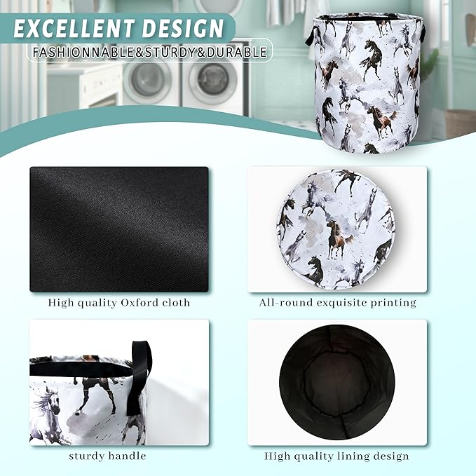 Watercolor Horses Laundry Basket Foldable With Handles Tote Bag Oxford Cloth Funny Animal Laundry Hamper 18.9" x 16.5" Clothes Storage Bucket Toy Organizer For Bathroom/Laundry/Bedroom