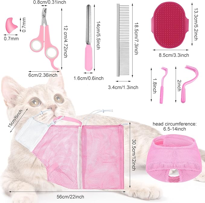 9 Pcs Cat Bathing Bag Set Cat Shower Bag Anti Bite and Scratch for Pet Grooming Washing Brush Comb Muzzle Nail Clipper Nail File Tick Tool(Pink)