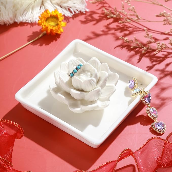 PUDDING CABIN White Lotus Ring Holder Dish, Jewelry Holder for Rings Earrings Necklace Bracelets Organizer, Birthday Wedding Christmas White Valentine's Day Gifts for Women Her