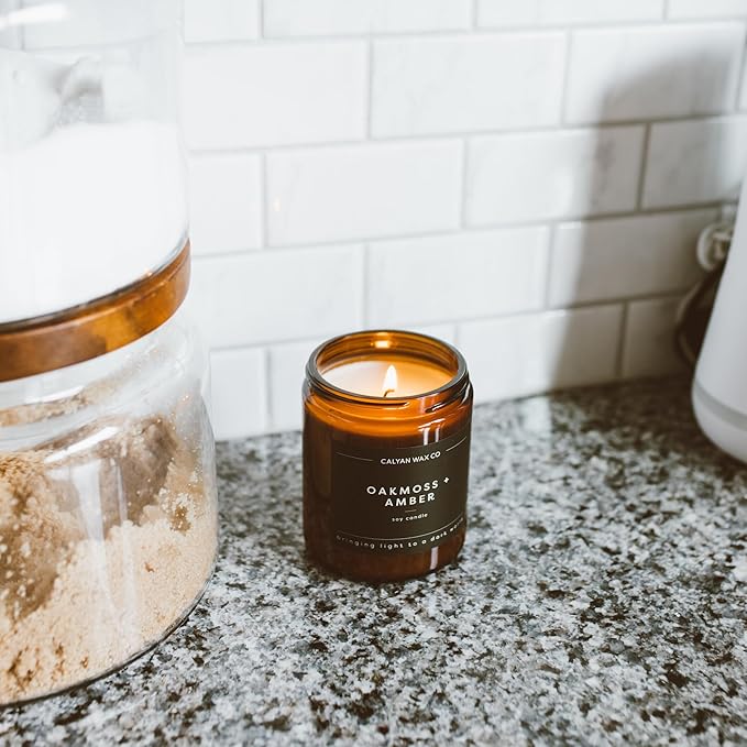 Calyan Wax Soy Wax Candle, Musk & Teakwood Scented Candle for The Home | Premium Candle with Essential Oils | 7.2 oz 57 Burn | Soy Candle in Amber Glass Jar | Aromatherapy Gift