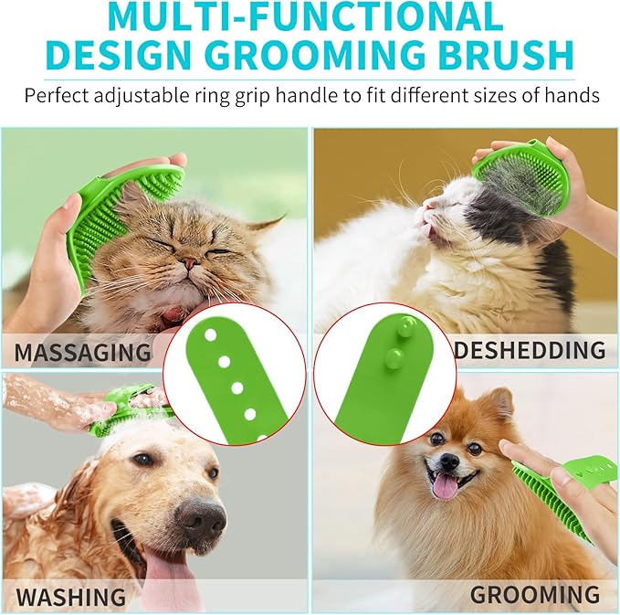 Comotech 6PCS Dog Bath Brush & Dog Toothbrush | Adjustable Handle Shampoo Brush & Scrubber for Short & Long Haired Dogs & Cats | Effectively Solve Odor & Stain Removal Problems (Blue Green Gray)