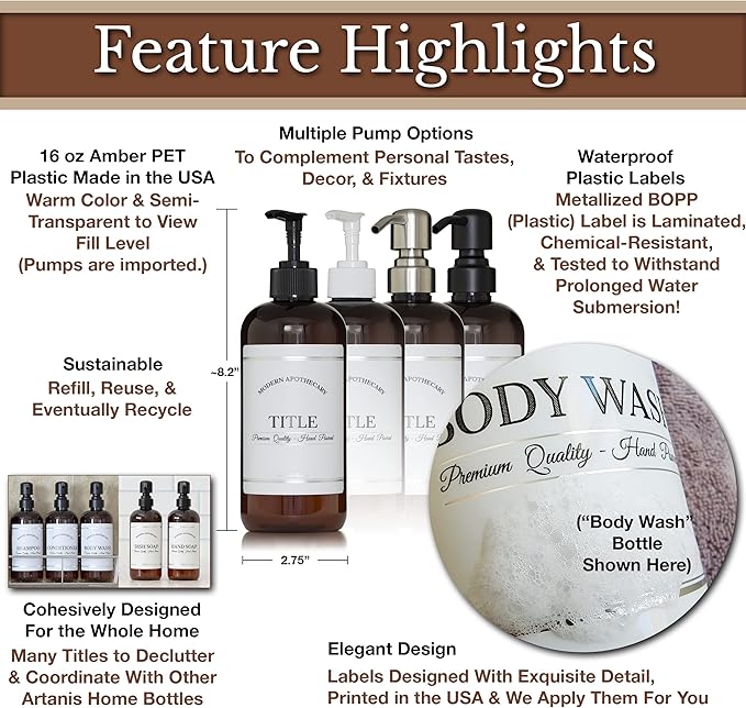 Amber PET Plastic Refillable Shampoo Pump Bottle Dispenser with Black Plastic Pump, 16 oz Bathroom Bottle with Chrome Accent Waterproof Modern Apothecary Labels, Reusable Shower Container