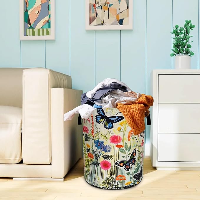 Watercolor Butterfly Laundry Basket Oxford Cloth Flowers Laundry Hamper With Handle Foldable Portable Clothes Storage Basket 18.9 X 16.5 Inch Storage Bag For Laundry Room/Bathroom/Bedroom/Dormitories