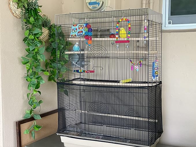 ISMARTEN Bird Cage Seed Catcher (2 Pack), Airy Gauze Bird Cage Cover Seeds Guard Dust-Proof Universal Birdcage Accessories Mesh Net Cover (Black + White, XL)