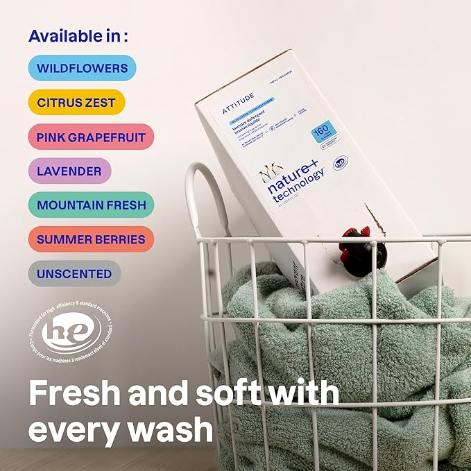 ATTITUDE Liquid Laundry Detergent Refill, EWG Verified, HE Compatible, Plant-Based & Vegan, Natural Laundry Soap, Summer Berries Scent, 160 Loads, 135.26 Fl Oz