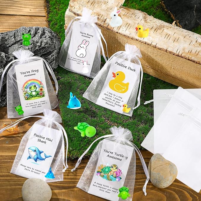 100Pack Positive Gifts Bulk Inspirational Teacher Dietitian End of Year Student Gifts,with Funny Card Organza Bag for Coworker Staff（Shark, Frog, Rabbit,Turtle, Duck