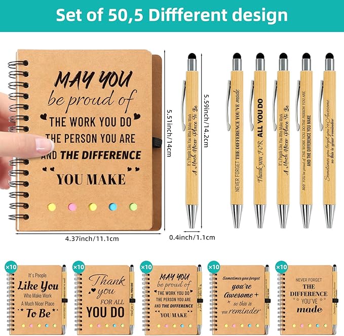 100 Pcs Employee Appreciation Gifts Bulk - 50 Sets of Inspirational Spiral Notebooks with Motivational Pens, Thank You Gifts for Staff, Coworkers,Teacher, Housekeeping, Team, Nurse, Office & School