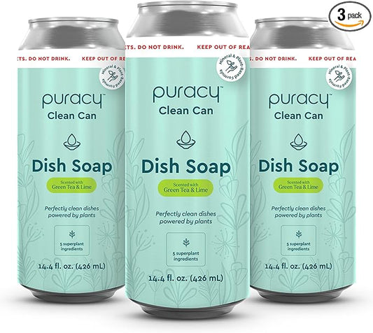 Puracy Natural Dish Soap Clean Can Refill - Plant-Based Dishwashing Soap, Non-Toxic Dish Soap, Natural Liquid Dishwashing Detergent Soap As Seen on TikTok (Green Tea & Lime, 14.4 fl oz, 3 Pack)