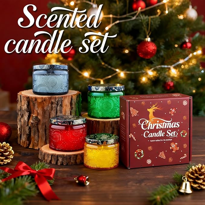 Christmas Scented Candles Gift Set - Holiday Soy Wax Candles with Festive Scents - Christmas Tree, Fireplace, Cinnamon, Mulled Wine - Great Gifts for Women, Home Decor, 4 Pack