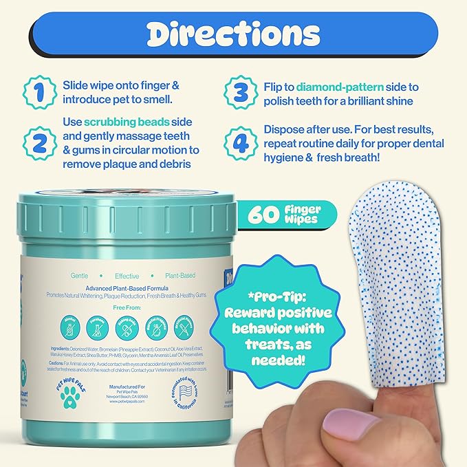 All-in-1 Dog Teeth Cleaning Wipes | Enzymatic Whitening + Micro Scrubbing Beads | Pet Dental Wipes & Finger Tooth Brushing Kit | Plant-Based Dental Care for Cats & Dogs (60 Count)