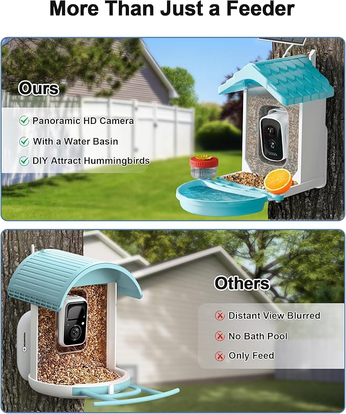 2-in-1 Smart Wild Bird Feeder & Bath with 4K HD Camera, AI Identification Solar Bird Feeder Watching Camera Night Vision for Outdoor Birds Watching Gifts for Birdlover, Blue