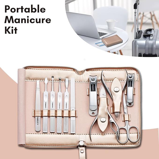FAMILIFE Gifts for Women, Manicure Set Professional Manicure Kit 11 in 1 Nail Kit Nail Clippers Tools Stainless Steel with Rose Gold Leather Case Travel Sets